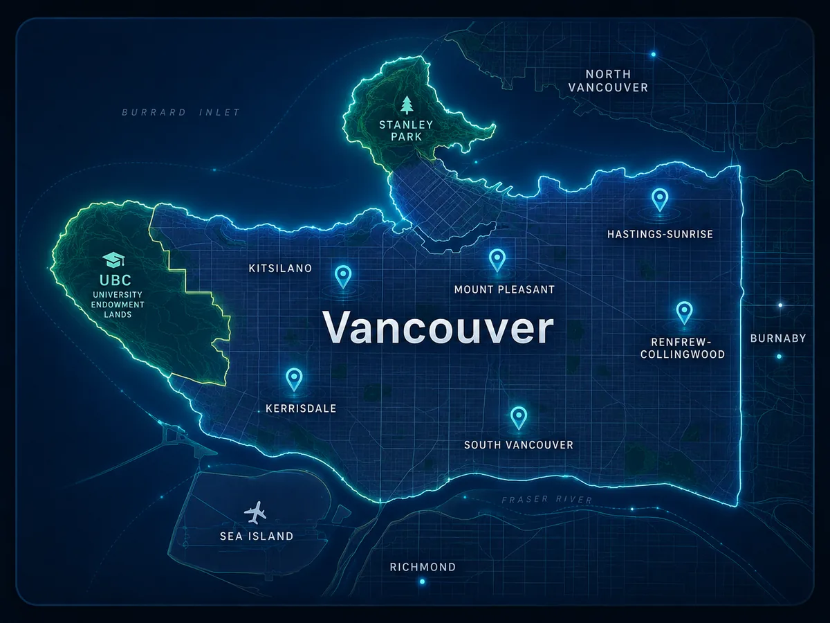 Stylized Vancouver local search map with neighborhood visibility markers