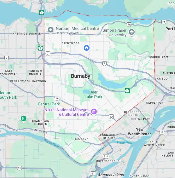 map shows Web Designers area in Burnaby British Columbia