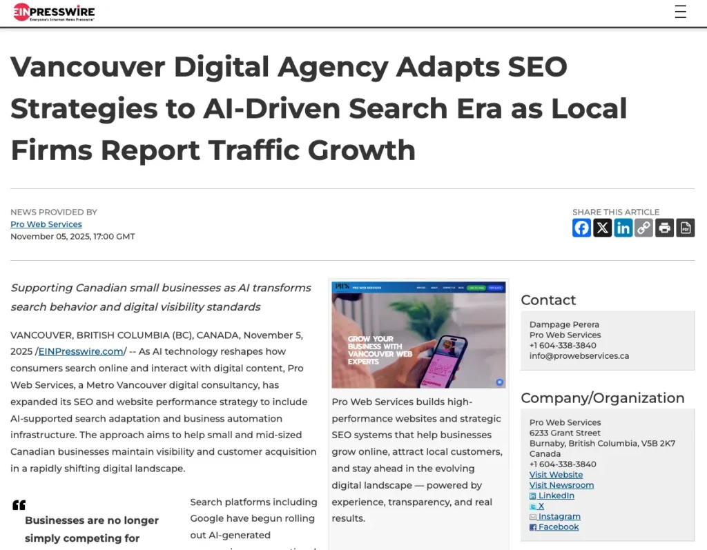 EIN Press release Vancouver SEO Agency Ai